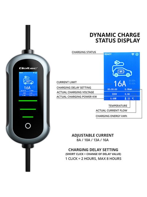 Elektromos autó fali töltő hordozható töltő 11kW 5m Type2 WiFi LCD